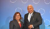 From left-right; President of the Republic of the Marshall Islands H.E Hilda Heine with the Fijian Prime Minister Hon. Voreqe Bainimarama have joined hands to become the first countries to signal their unreserved intention to raise ambition of Nationally Determined Contributions by 2020.